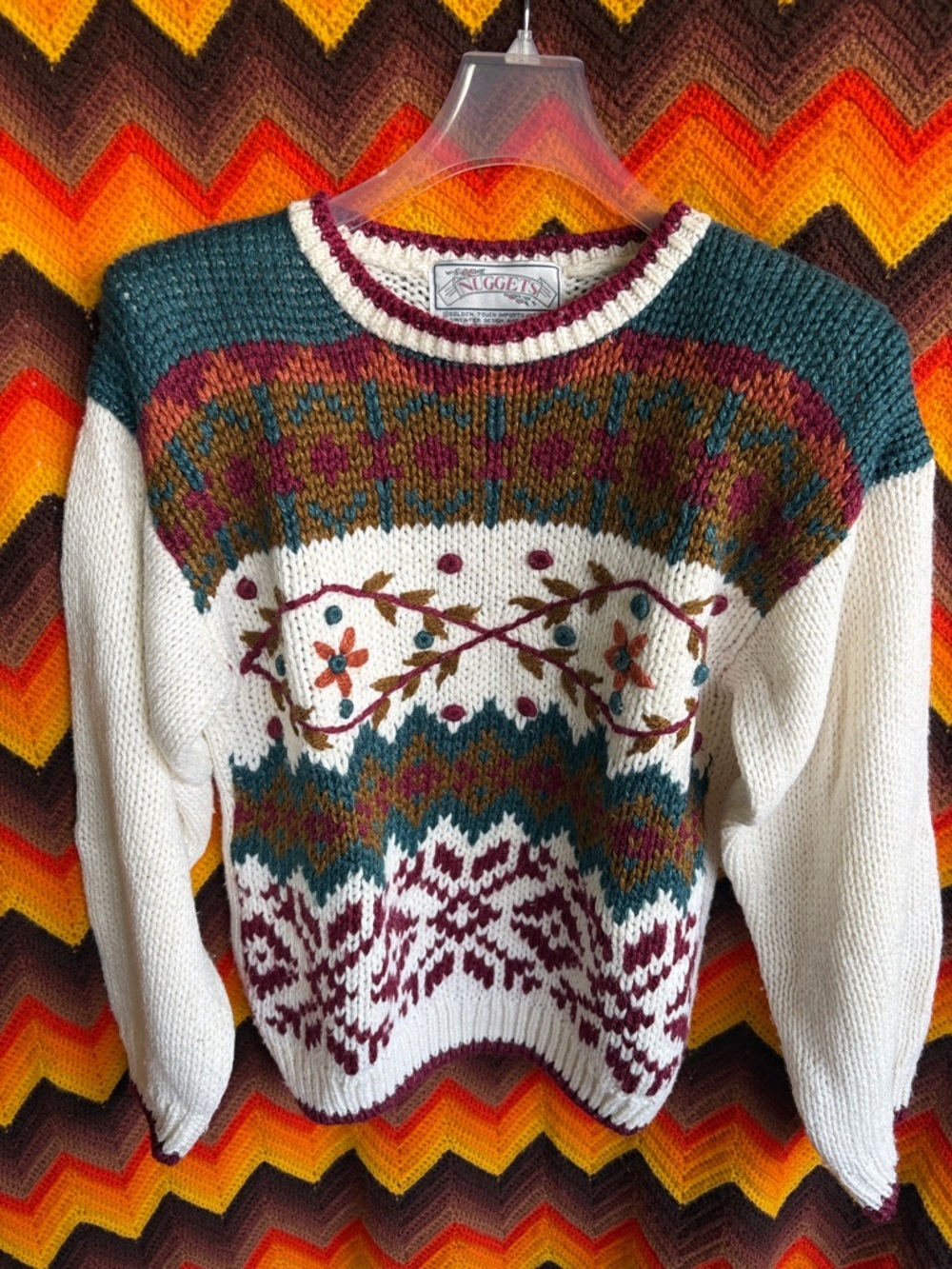 Vtg Nuggets 90's Embroidered Floral Oversized Knit Sweater, sz S, 20” PTP, 22” L